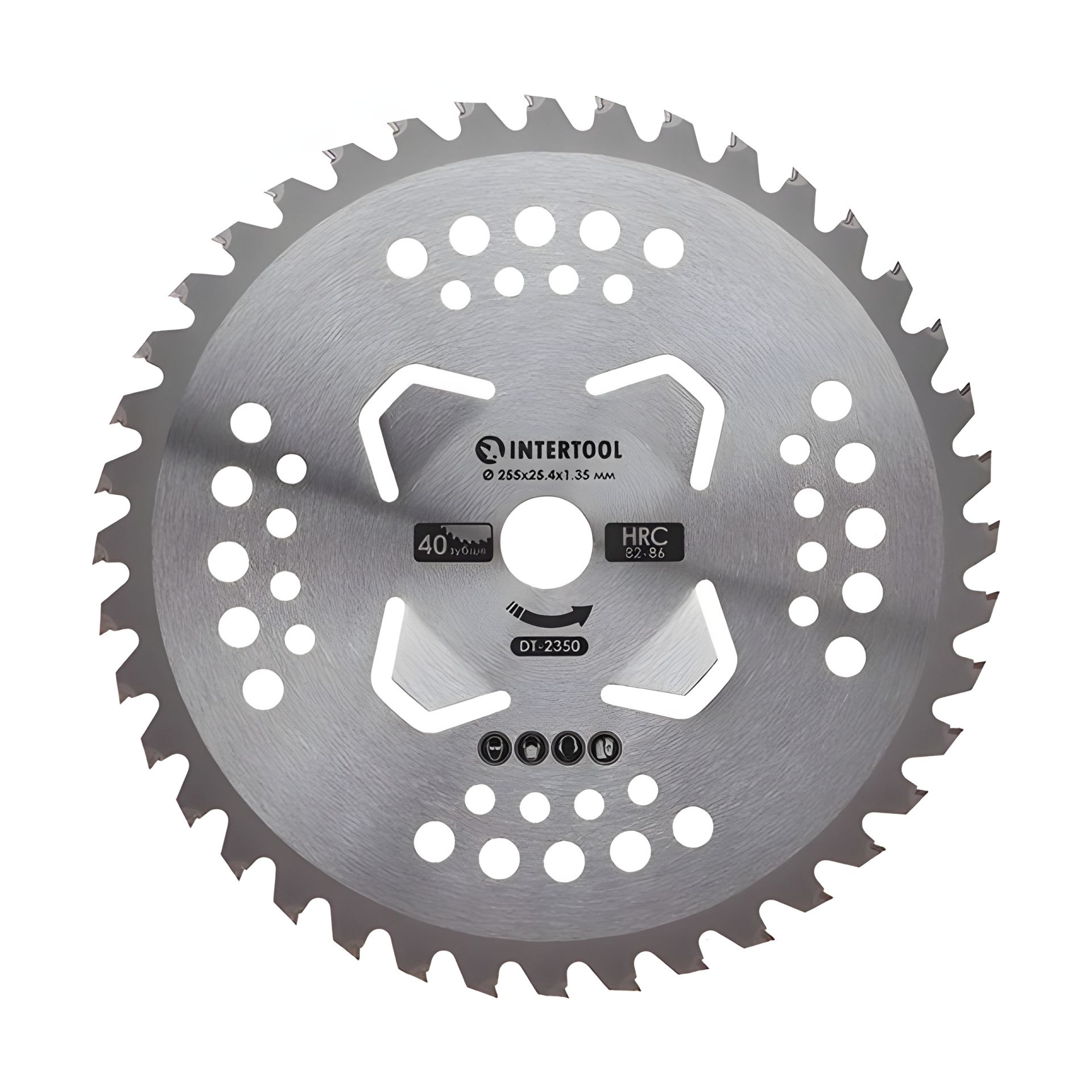 Ніж для мотокоси/тримера INTERTOOL DT-2350, з твердосплавними напайками ø255х25.4х1.35 мм, 40T, HRC 82-86, 4 підрізні лопаті Ніж для мотокоси/тримера INTERTOOL DT-2350, з твердосплавними напайками ø255х25.4х1.35 мм, 40T, HRC 82-86, 4 підрізні лопаті