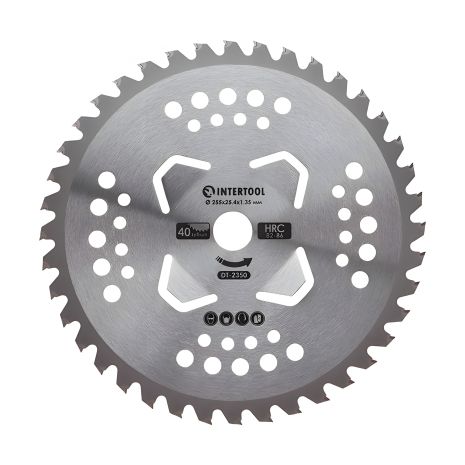 Ніж для мотокоси/тримера INTERTOOL DT-2350, з твердосплавними напайками ø255х25.4х1.35 мм, 40T, HRC 82-86, 4 підрізні лопаті