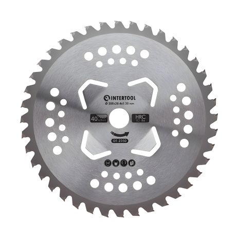 Ніж для мотокоси/тримера INTERTOOL DT-2350, з твердосплавними напайками ø255х25.4х1.35 мм, 40T, HRC 82-86, 4 підрізні лопаті