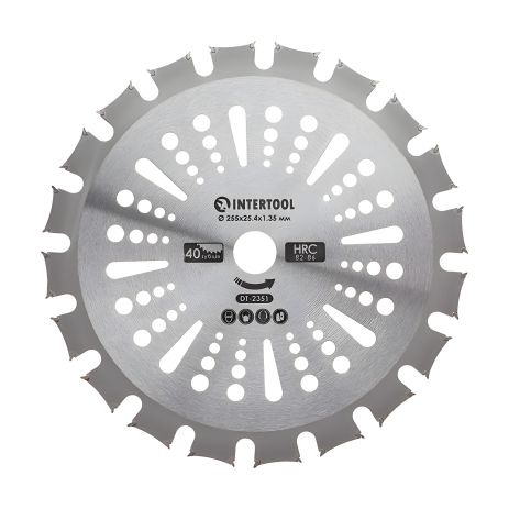 Двусторонний нож для мотокосы/триммера с твердосплавными напайками ø255x25.4x1.35 мм 40T, INTERTOOL DT-2351 Двусторонний нож для мотокосы/триммера с твердосплавными напайками ø255x25.4x1.35 мм 40T, INTERTOOL DT-2351