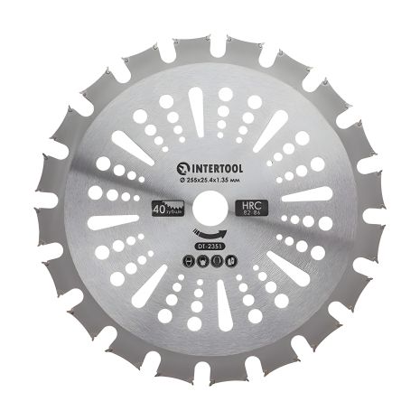 Двусторонний нож для мотокосы/триммера с твердосплавными напайками ø255x25.4x1.35 мм 40T, INTERTOOL DT-2351
