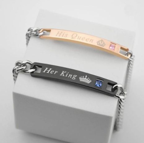 Парные браслеты His Queen Her King для двоих влюбленных из стали