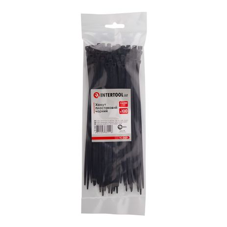 Пластиковый хомут, 3,6×200 мм, 100 шт/упак, черный INTERTOOL TC-3621 Пластиковый хомут, 3,6×200 мм, 100 шт/упак, черный INTERTOOL TC-3621