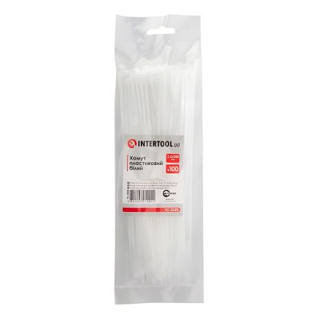 Пластиковый хомут, 2,5×200 мм, 100 шт/упак, белый INTERTOOL TC-2520 Пластиковый хомут, 2,5×200 мм, 100 шт/упак, белый INTERTOOL TC-2520