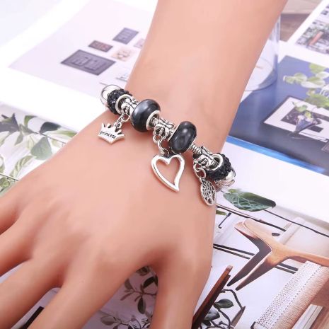 Шикарный женский браслет Пандора Pandora черные камни с короной дерево сердце