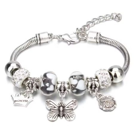 Браслет в стилі пандора Pandora Love Butterfly білі кристали з підвісками метелик корона квітка регулюється