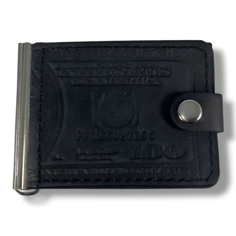 Затискач гаманець для купюр BagWay, ручна екошкіра, робота чорний з тисненням