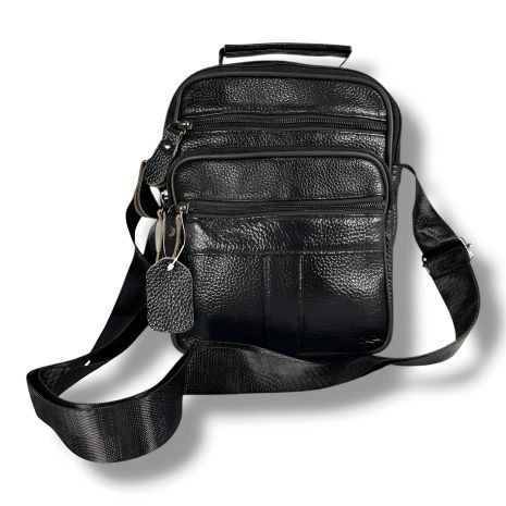 Шкіряна сумка через плече з одним відділенням і трьома фронтальними кишенями, чорна