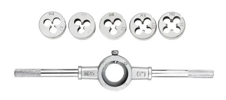 Набор плашек для нарезания резьбы M4/M5/M6/M8/M10 с держателем, 6 шт MASTERTOOL 15-0406