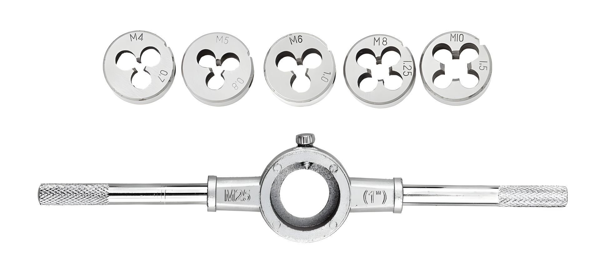 Плашки для нарізування різьблення M4/M5/M6/M8/M10 з тримачем, набір 6 шт. MASTERTOOL 15-0406 Плашки для нарізування різьблення M4/M5/M6/M8/M10 з тримачем, набір 6 шт. MASTERTOOL 15-0406