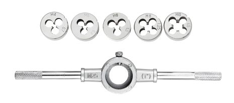 Плашки для нарізування різьблення M4/M5/M6/M8/M10 з тримачем, набір 6 шт. MASTERTOOL 15-0406