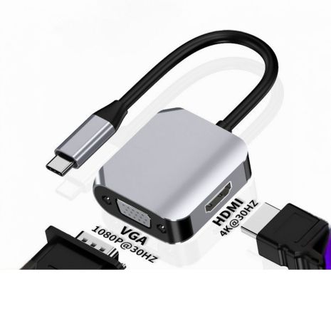 Type-C адаптер 2-в-1 HDMI 4K + VGA 1080p для ноутбуків і смартфонів