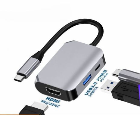 Type-C адаптер 3-в-1 HDMI 4K + USB 3.0 + швидка зарядка PD 60W