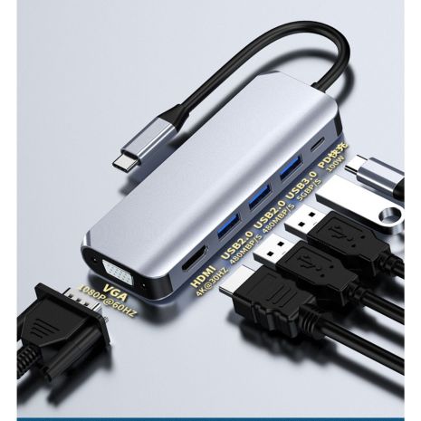 Type-C адаптер 6-в-1 HDMI 4K + VGA + 3 USB 3.0 + PD 100W
