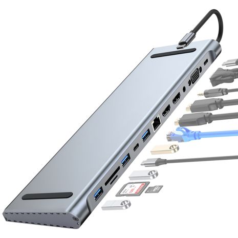 12в1: Багатопортовий USB Type-C хаб / підставка для ноутбука Addap MH-16: HDMI + USB A + PD + USB C + SD + RJ45 + VGA + 3,5mm
