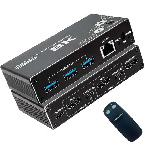 8K HDMI KVM Світч на 2 комп'ютери Addap KVMS-03 | USB 3.0 Перемикач на 2 порти, RJ45 Ethernet, 8K 30Hz, 4K 120Hz