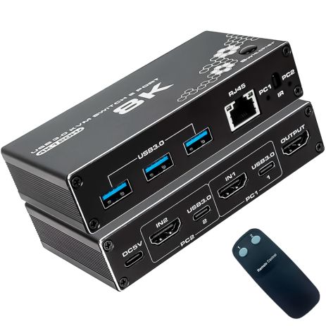 8K HDMI KVM Світч на 2 комп'ютери Addap KVMS-03 | USB 3.0 Перемикач на 2 порти, RJ45 Ethernet, 8K 30Hz, 4K 120Hz