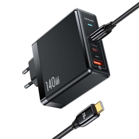 Мережевий адаптер USAMS US-UM Fast Charger Kit GaN Type-C To Type-C Cable 240W PD3.1 T52 US-CC168, 1USB, 2Type-C, 140W, 5A, PD, QC, black