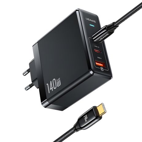 Мережевий адаптер USAMS US-UM Fast Charger Kit GaN Type-C To Type-C Cable 240W PD3.1 T52 US-CC168, 1USB, 2Type-C, 140W, 5A, PD, QC, black