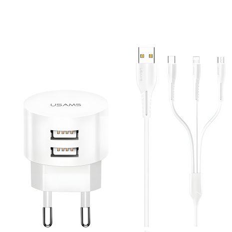 Мережевий адаптер USAMS Kit Sing-Tu Dual USB Round Travel 3IN1 cable T20, 2USB, 2.1A, white