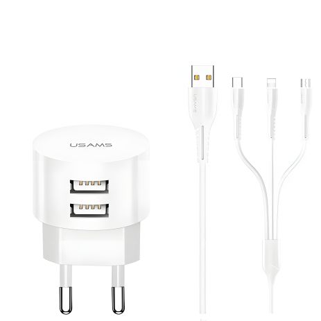 Мережевий адаптер USAMS Kit Sing-Tu Dual USB Round Travel 3IN1 cable T20, 2USB, 2.1A, white