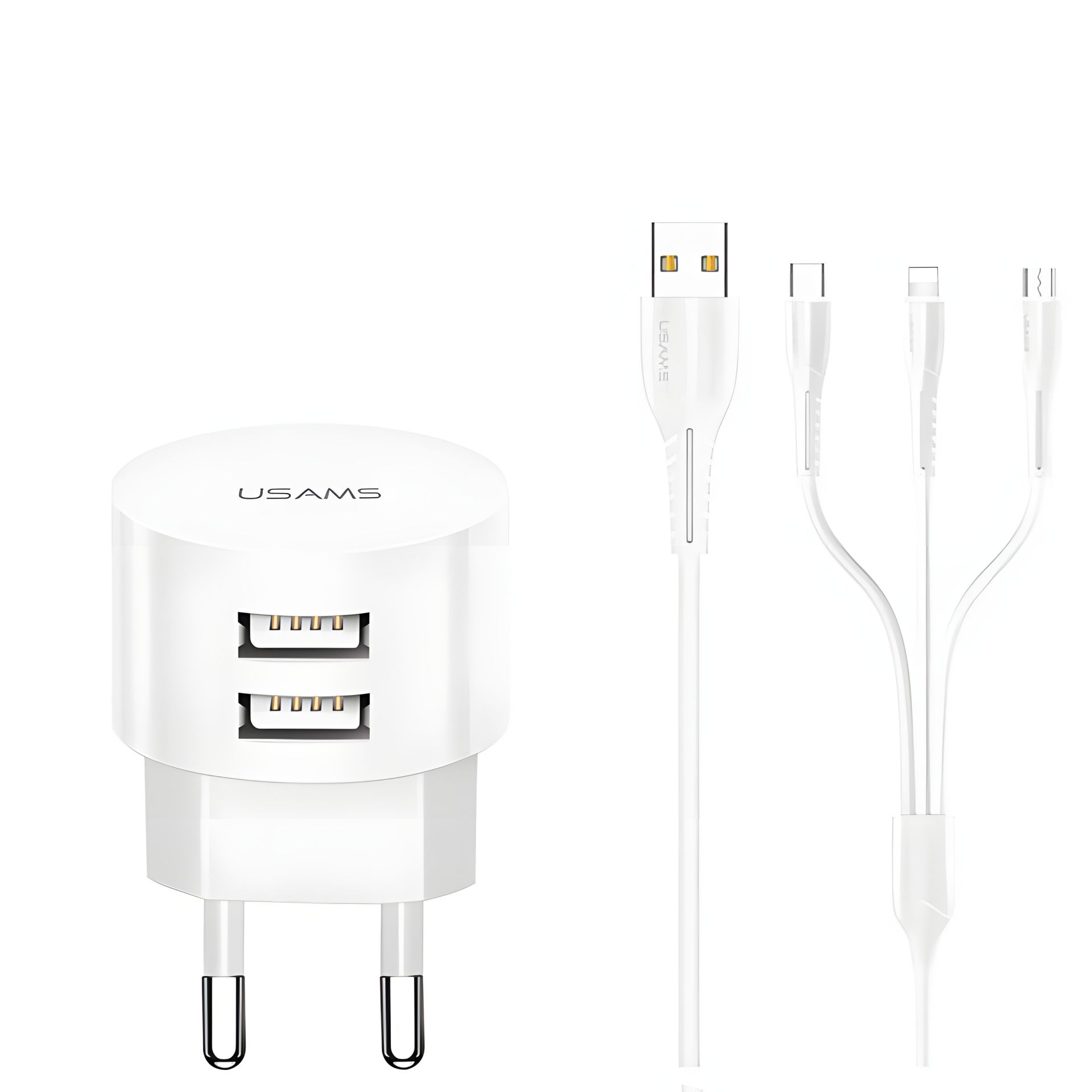 Мережевий адаптер USAMS Kit Sing-Tu Dual USB Round Travel 3IN1 cable T20, 2USB, 2.1A, white Мережевий адаптер USAMS Kit Sing-Tu Dual USB Round Travel 3IN1 cable T20, 2USB, 2.1A, white