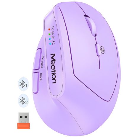 Вертикальная Офисная Мышь MEETION 2.4G+Bluetooth BTM008 |800-1200-1600-2400dpi, 400h, Зарядка Type-C| пурпурная