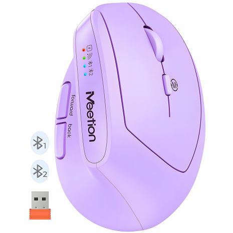 Вертикальная Офисная Мышь MEETION 2.4G+Bluetooth BTM008 |800-1200-1600-2400dpi, 400h, Зарядка Type-C| пурпурная