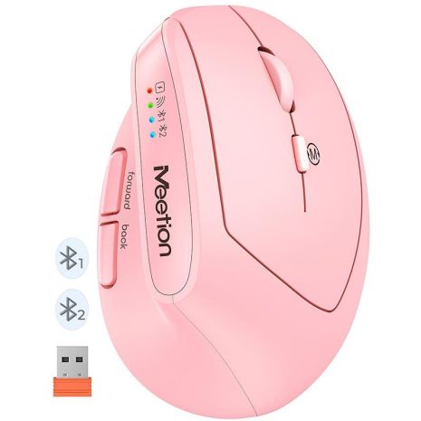 Вертикальная Офисная Мышь MEETION 2.4G+Bluetooth BTM008 |800-1200-1600-2400dpi, 400h, Зарядка Type-C| розовая