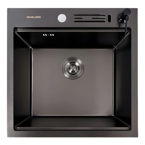 Кухонная мойка 50*50 PVD черная VALESO Handmade с ножевой подставкой (сифон круглый, 3,0/0,8)