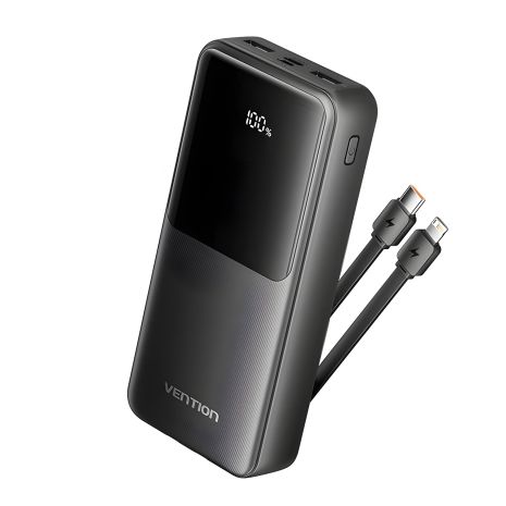 Повербанк Vention 20000mAh, Micro-USB, Type-C, USB-A, USB-A, with Built-in Type-C and Lightning Cables, 22.5W, LED Display, Black Повербанк Vention 20000mAh, Micro-USB, Type-C, USB-A, USB-A, with Built-in Type-C and Lightning Cables, 22.5W, LED Display, Black