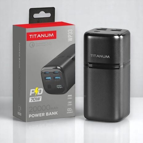 Повербанк TITANUM WP33 20000mAh PD70W QC3.0 2xUSB-C LED-дисплей з ліхтариком чорний (TPB-WP33-B)