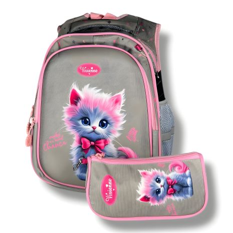 Каркасный рюкзак для девочек с принтом кошки, пенал в комплекте, серый Каркасный рюкзак для девочек с принтом кошки, пенал в комплекте, серый