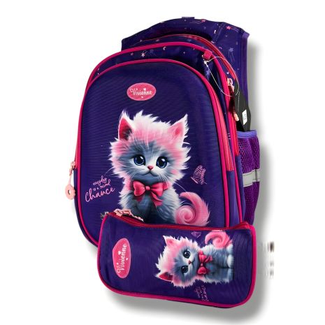 Каркасний шкільний рюкзак для дівчаток з принтом котика, пенал у комплекті, фіолетовий, ергономічний