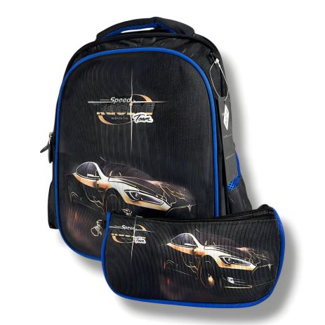 Черный школьный рюкзак для мальчиков с пеналом, принт Машинка