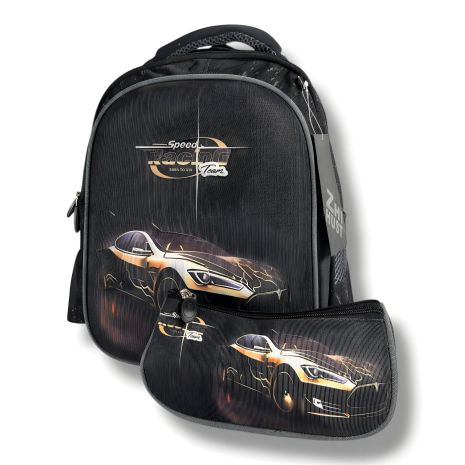 Шкільний рюкзак для хлопчиків з каркасом і трьома відділеннями, чорний, з пеналом і принтом Машинка