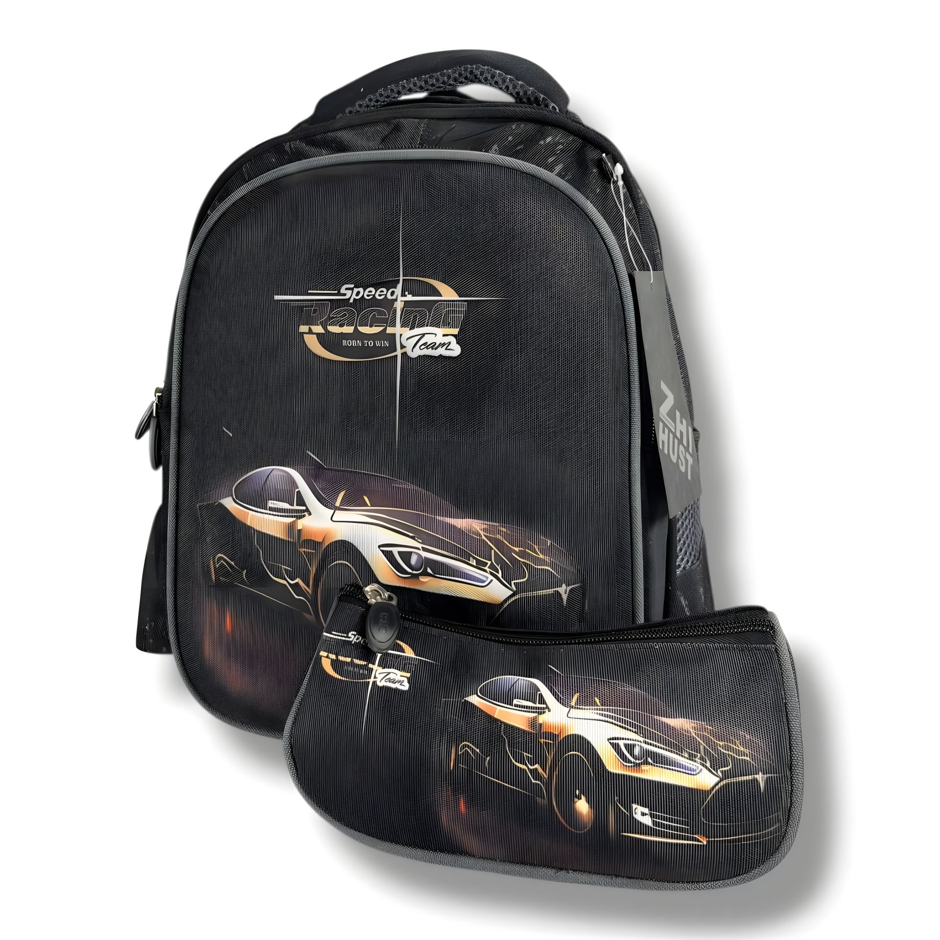 Шкільний рюкзак для хлопчиків з каркасом і трьома відділеннями, чорний, з пеналом і принтом Машинка Шкільний рюкзак для хлопчиків з каркасом і трьома відділеннями, чорний, з пеналом і принтом Машинка