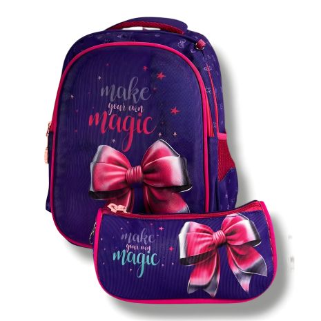 Каркасный школьный рюкзак для девочек, три отдела, принт Бантик, фиолетовый