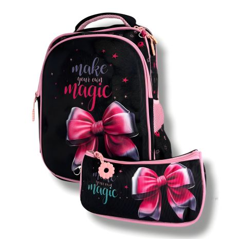 Шкільний рюкзак для дівчаток, каркасний, принт Бантик, чорний, три відділення