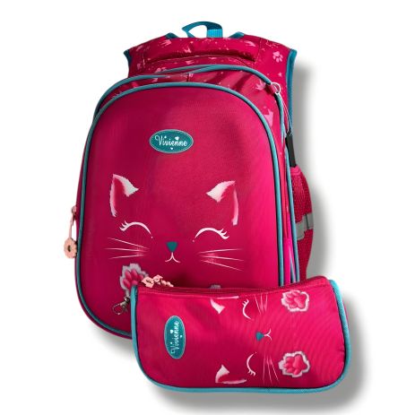 Шкільний рюкзак для дівчаток 6–9 років з принтом "Котик" з пеналом у комплекті, рожевий
