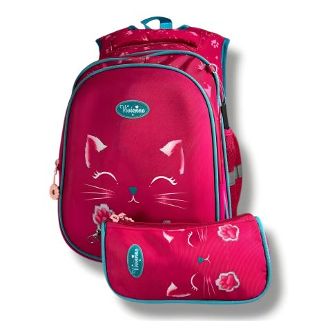 Шкільний рюкзак для дівчаток 6–9 років з принтом "Котик" з пеналом у комплекті, рожевий