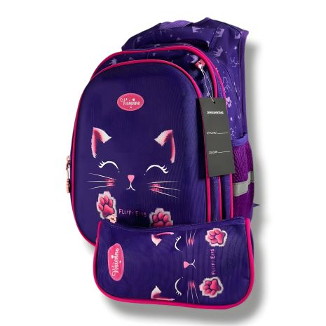 Дівчачий шкільний рюкзак для 6–9 років з малюнком Котик та пеналом, фіолетовий