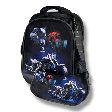 Шкільний рюкзак для хлопчиків 6–9 років, чорний, у комлекті з пеналом, принт Мотоцикл, водонепроникний
