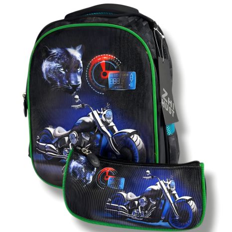 Шкільний портфель для хлопчиків 6–9 років, чорний, у комплекті з пеналом, принт Мотоцикл, на 3 відділення