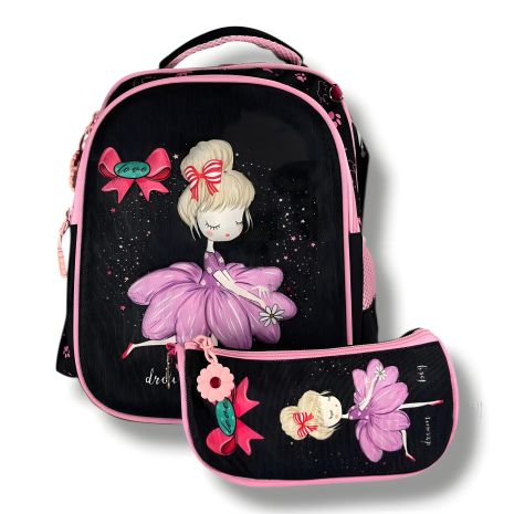 Каркасний рюкзак для дівчаток, стильний шкільний, чорний з принтом Балерини