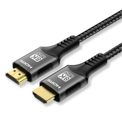 Кабель HDMI 2.1 4K 144Hz HDR (2K 240Hz, 8K 60Hz) 48Gbps, eARC, 3m(300cm), Metal, Nylon-Braided, Black-Grey