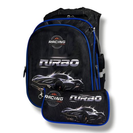 Каркасный школьный рюкзак для мальчиков 6–9 лет, черный, с пеналом, принт Машинка 3