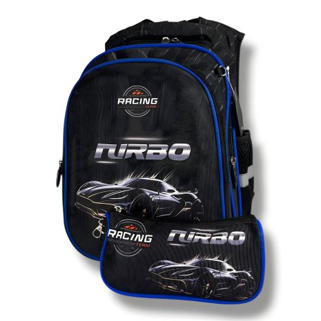 Шкільний рюкзак каркасний для хлопчиків 6–9 років, чорний, комплект з пеналом, принт машинка 3