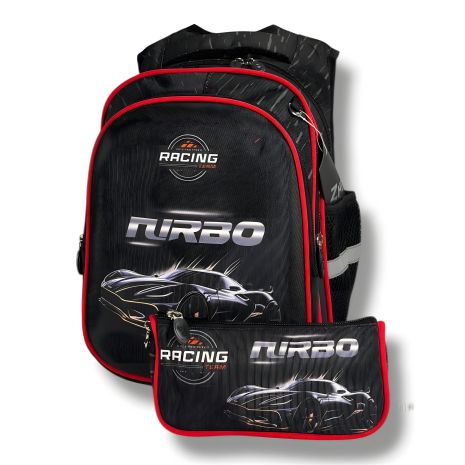 Каркасний рюкзак для хлопчиків 6–9 років, чорний, з пеналом, принт Машинка