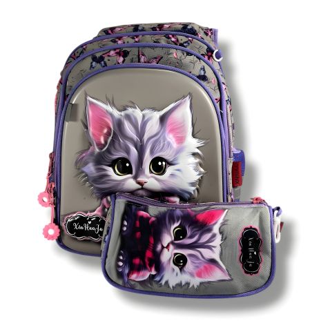 Каркасный школьный рюкзак для девочек с принтом котика, пенал в комплекте, серый, вместительный и легкий